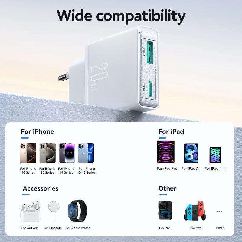 ULTRA-THIN 20W & 30W USB-C/A FAST CHARGER | PD FAST CHARGE & QC 3.0 | PORTABLE TRAVEL WALL ADAPTER