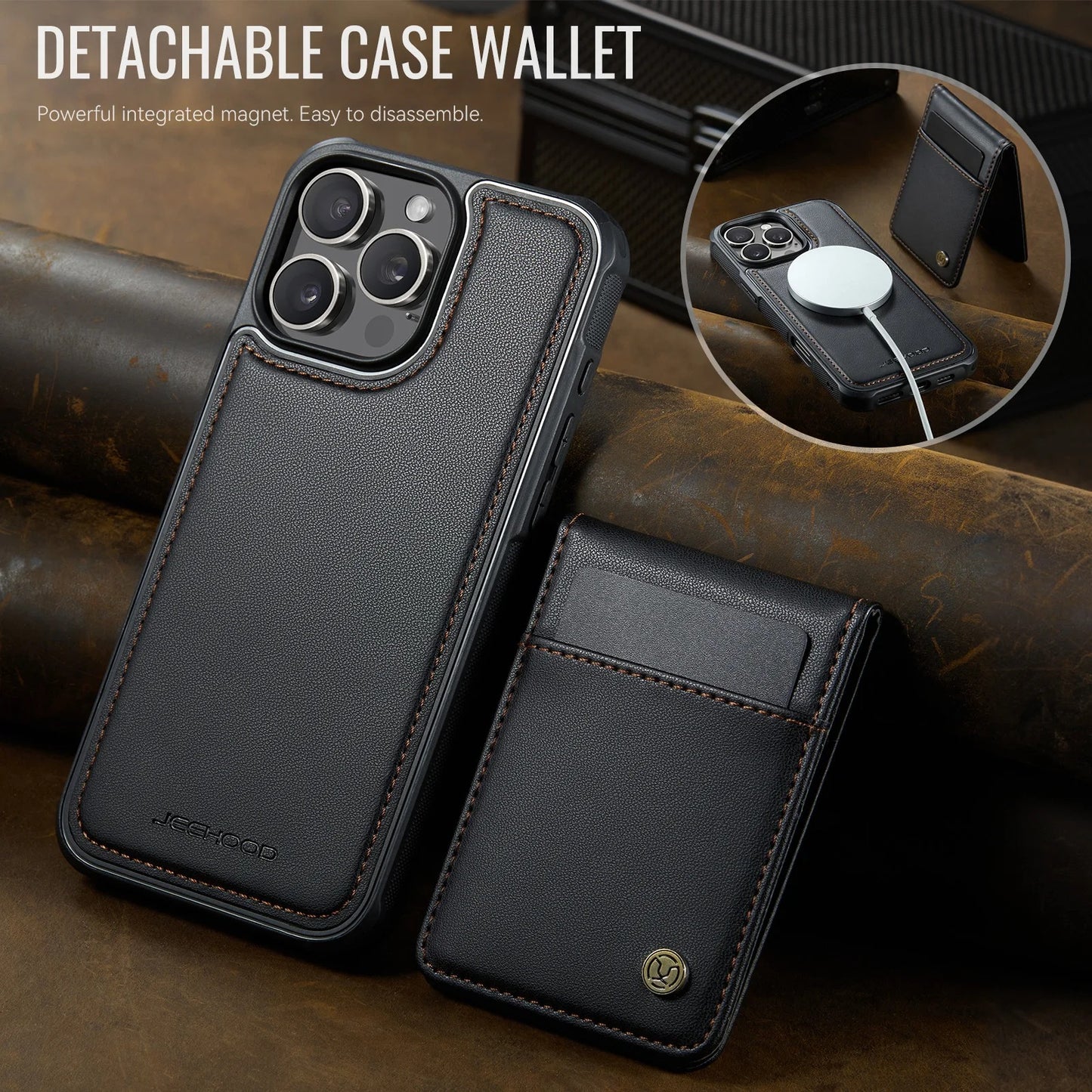 PREMIUM 2-IN-1 MAGNETIC LEATHER IPHONE CASE | SLEEK DESIGN WITH 360° SHOCK & DUST PROTECTION | DETACHABLE CARD HOLDER AND MAGSAFE COMPATIBILITY FOR ULTIMATE FUNCTIONALITY