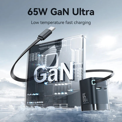 65W GAN FAST CHARGER | RETRACTABLE USB-C CABLE FOR PHONE, TABLET & LAPTOP | HIGH-SPEED CHARGING & COMPACT DESIGN