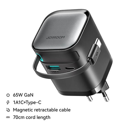 65W GAN FAST CHARGER | RETRACTABLE USB-C CABLE FOR PHONE, TABLET & LAPTOP | HIGH-SPEED CHARGING & COMPACT DESIGN