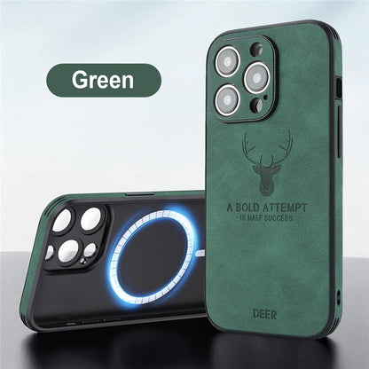 LUXURIOUS RETRO LEATHER IPHONE CASE WITH DEER EMBLEM | PREMIUM ENGRAVING, 360° SHOCKPROOF DESIGN, AND MAGSAFE SUPPORT | ADVANCED CAMERA AND SCREEN PROTECTION