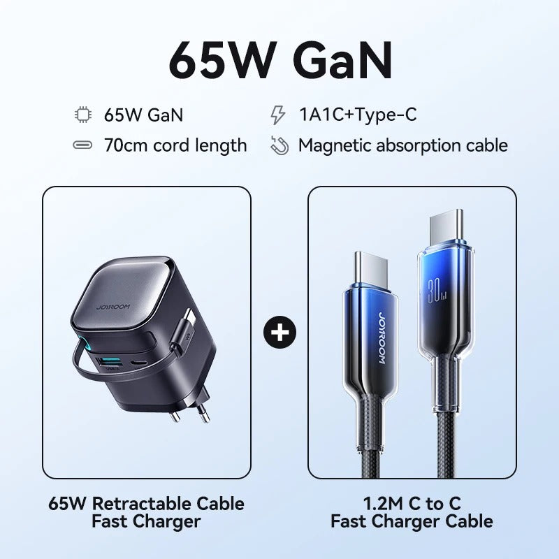 65W GAN FAST CHARGER | RETRACTABLE USB-C CABLE FOR PHONE, TABLET & LAPTOP | HIGH-SPEED CHARGING & COMPACT DESIGN