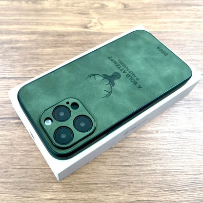 LUXURIOUS RETRO LEATHER IPHONE CASE WITH DEER EMBLEM | PREMIUM ENGRAVING, 360° SHOCKPROOF DESIGN, AND MAGSAFE SUPPORT | ADVANCED CAMERA AND SCREEN PROTECTION