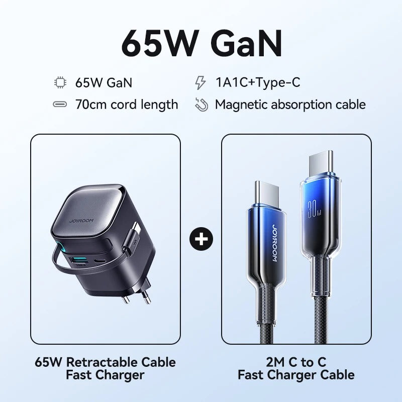 65W GAN FAST CHARGER | RETRACTABLE USB-C CABLE FOR PHONE, TABLET & LAPTOP | HIGH-SPEED CHARGING & COMPACT DESIGN